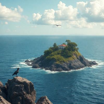 The primary subject of the image is a bird perched on a rock, overlooking a small island in the ocean. The island is surrounded by water, and there is a house on top of it. The setting is a serene ocean environment, with the bird being the focal point of the scene. The visual style is a combination of photo and digital art, creating a realistic yet artistic representation of the bird and the island. The colors and mood of the image are predominantly blue and calm, reflecting the tranquility of the ocean and the bird's peaceful presence on the rock.